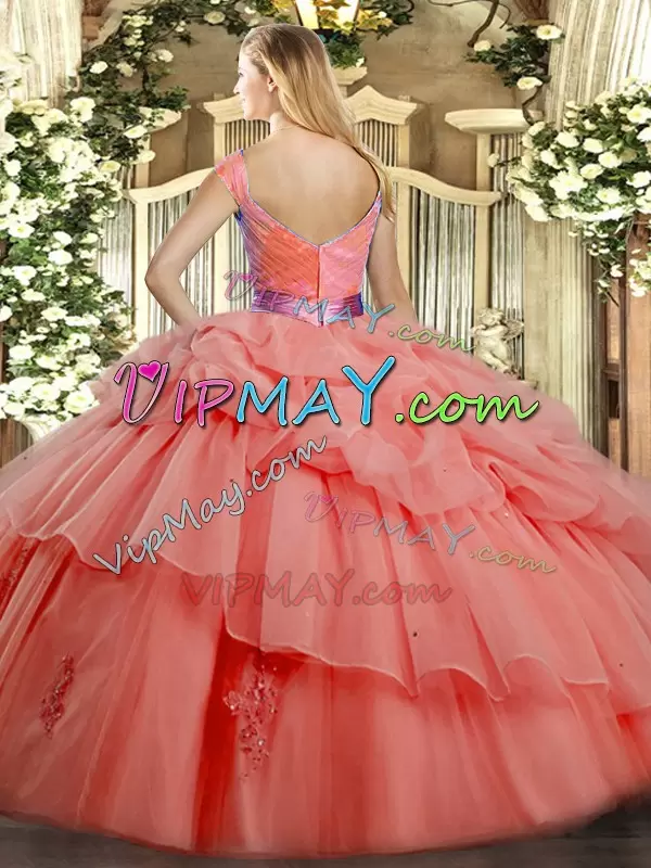 Fitting V-neck Sleeveless Zipper Quinceanera Gown Watermelon Red Organza Ruffled Layers