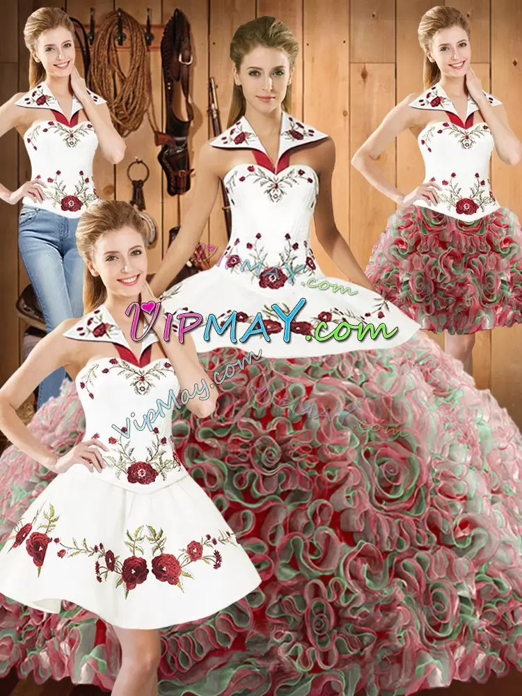 Affordable Multi-color Quinceanera Dress Military Ball and Sweet 16 and Quinceanera with Embroidery Halter Top Sleeveless Sweep Train Lace Up