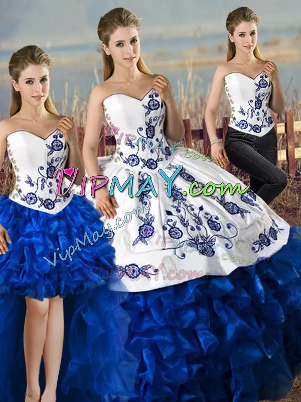 Blue And White Organza Lace Up Quince Ball Gowns Sleeveless Embroidery and Ruffles