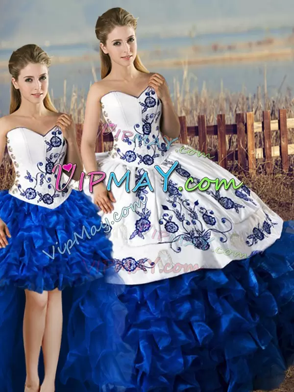 Blue And White Organza Lace Up Quince Ball Gowns Sleeveless Embroidery and Ruffles