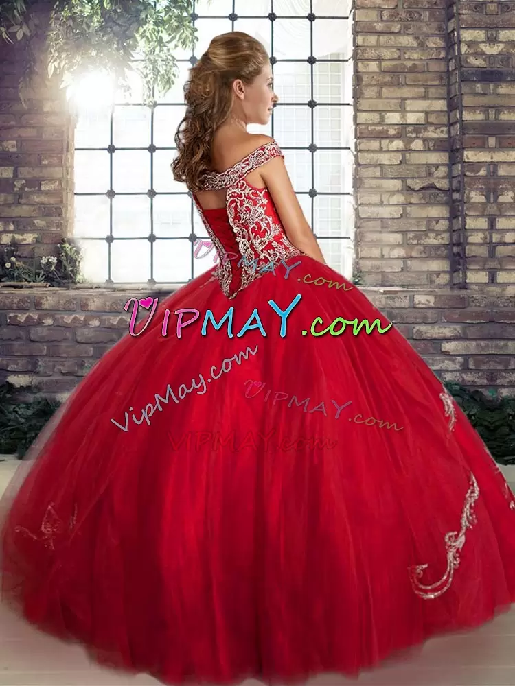 Red Sleeveless Tulle Lace Up Quinceanera Dress for Military Ball and Sweet 16 and Quinceanera