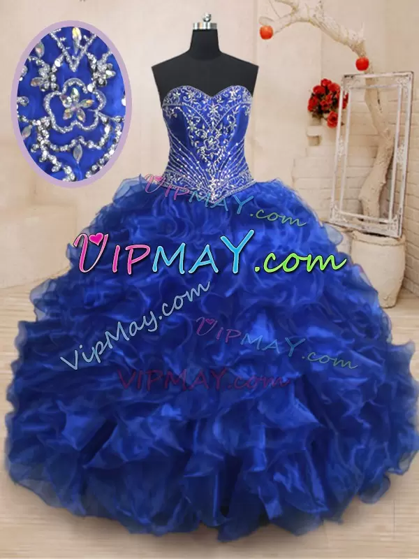 Fine Royal Blue Vestidos de Quinceanera Military Ball and Sweet 16 and Quinceanera with Beading and Ruffles Sweetheart Sleeveless Brush Train Lace Up