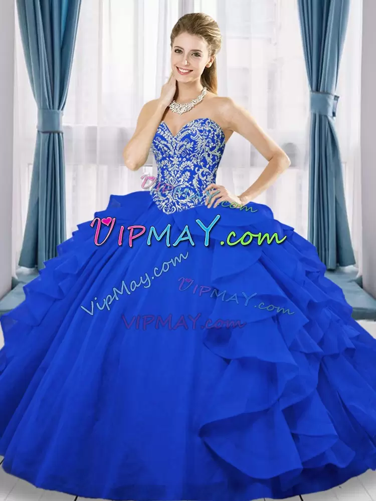 Sweetheart Sleeveless Tulle Vestidos de Quinceanera Beading and Ruffles Lace Up