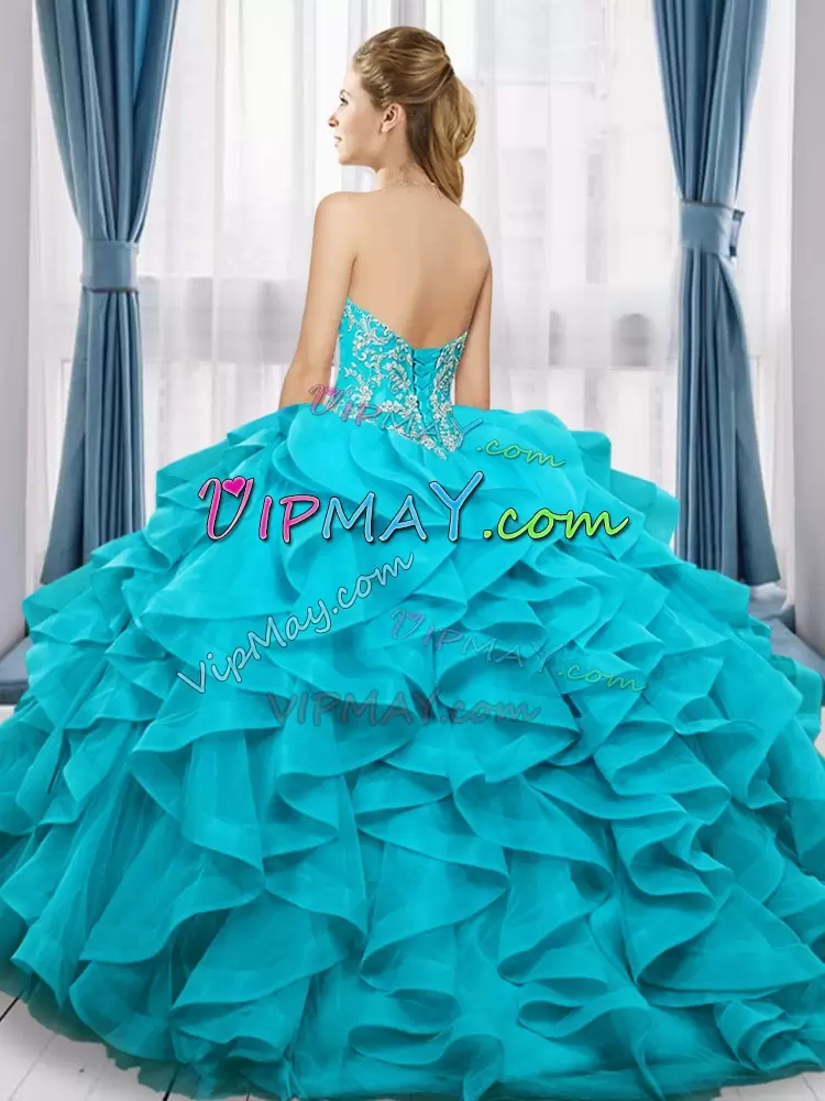 Sweetheart Sleeveless Tulle Vestidos de Quinceanera Beading and Ruffles Lace Up