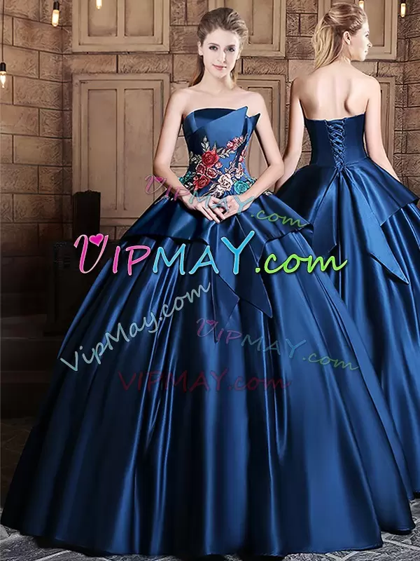 Floor Length Lace Up Quinceanera Dress Navy Blue for Military Ball and Sweet 16 and Quinceanera with Appliques