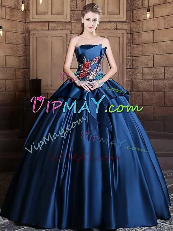 Floor Length Lace Up Quinceanera Dress Navy Blue for Military Ball and Sweet 16 and Quinceanera with Appliques