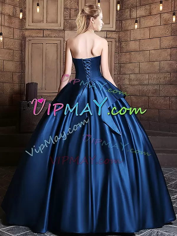 Floor Length Lace Up Quinceanera Dress Navy Blue for Military Ball and Sweet 16 and Quinceanera with Appliques