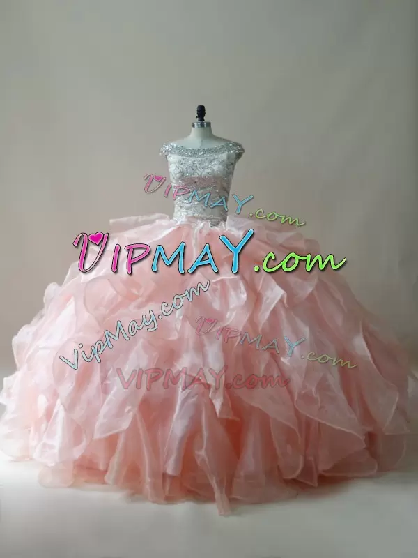 Floor Length Ball Gowns Sleeveless Peach 15th Birthday Dress Zipper