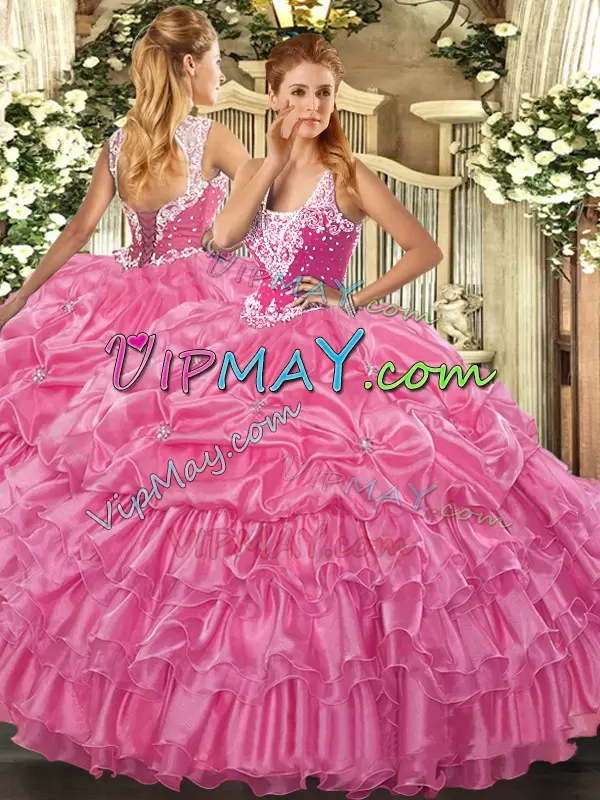 Low Price Rose Pink Quince Ball Gowns Military Ball and Sweet 16 and Quinceanera with Beading and Ruffled Layers and Pick Ups Straps Sleeveless Lace Up