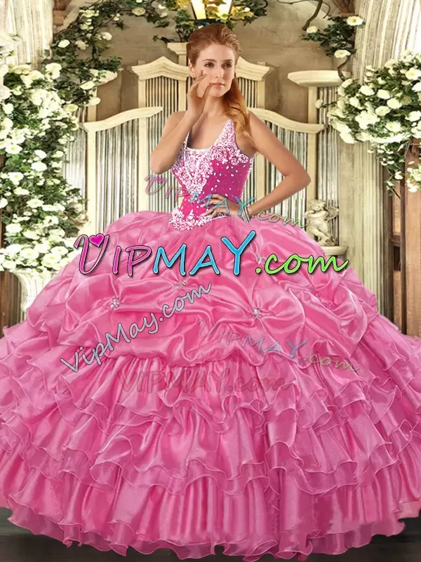 Low Price Rose Pink Quince Ball Gowns Military Ball and Sweet 16 and Quinceanera with Beading and Ruffled Layers and Pick Ups Straps Sleeveless Lace Up