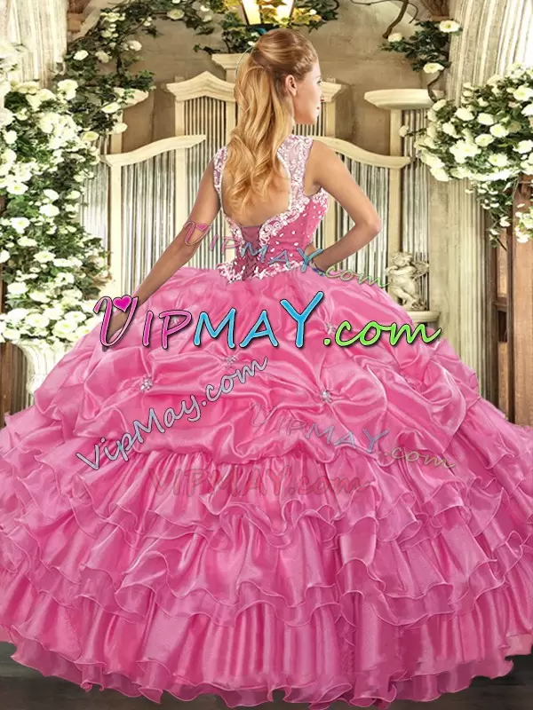 Low Price Rose Pink Quince Ball Gowns Military Ball and Sweet 16 and Quinceanera with Beading and Ruffled Layers and Pick Ups Straps Sleeveless Lace Up