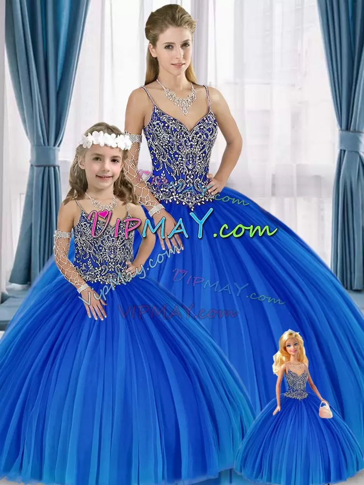 Blue Sleeveless Beading Floor Length Sweet 16 Dresses