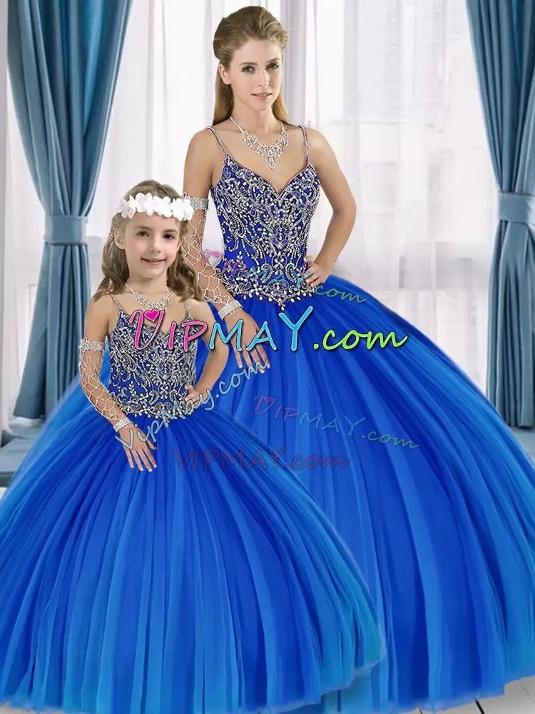 Blue Sleeveless Beading Floor Length Sweet 16 Dresses