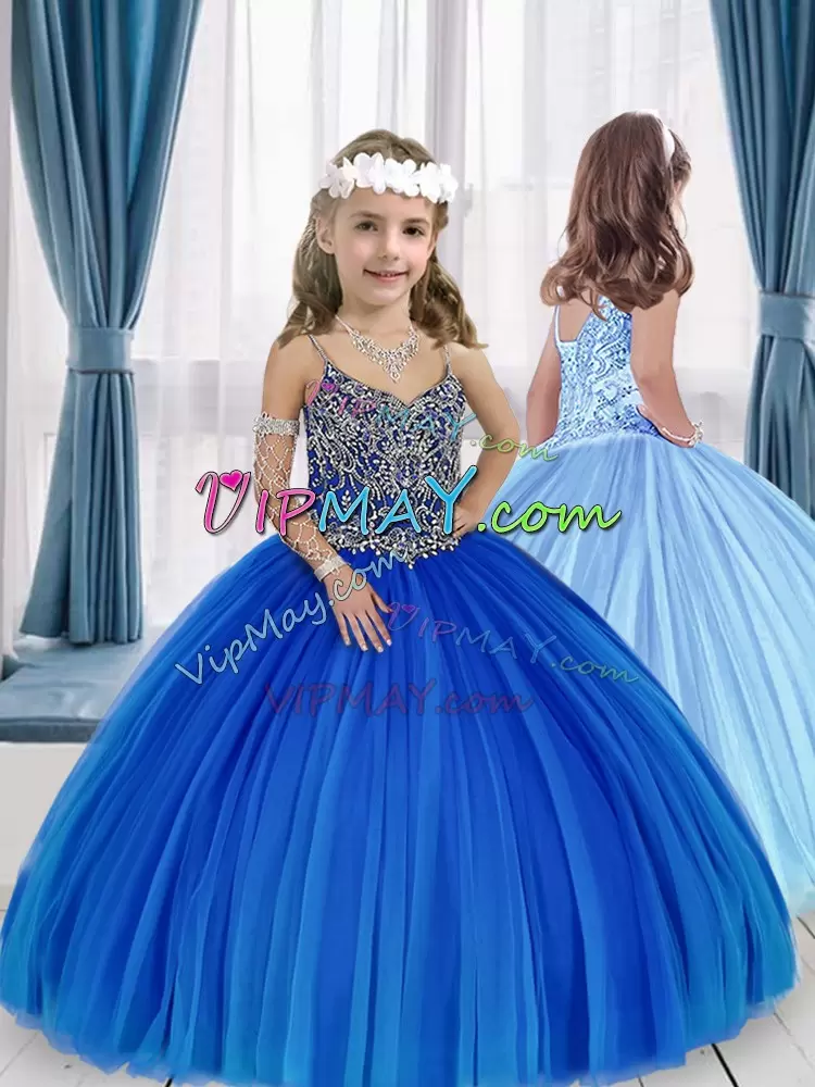 Blue Sleeveless Beading Floor Length Sweet 16 Dresses