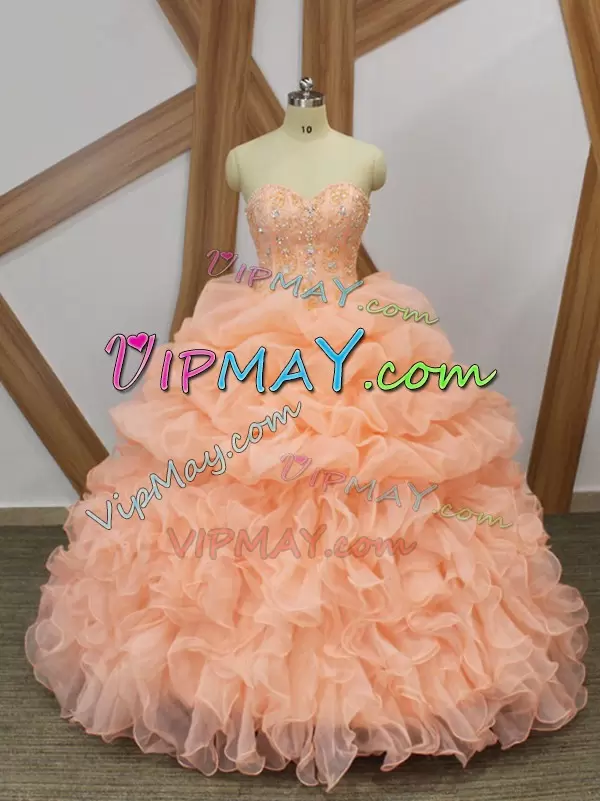 Cheap Ball Gowns Sleeveless Peach Ball Gown Prom Dress Sweep Train Lace Up