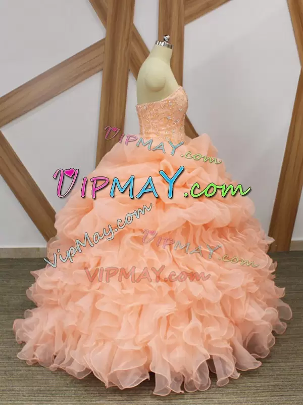 Cheap Ball Gowns Sleeveless Peach Ball Gown Prom Dress Sweep Train Lace Up