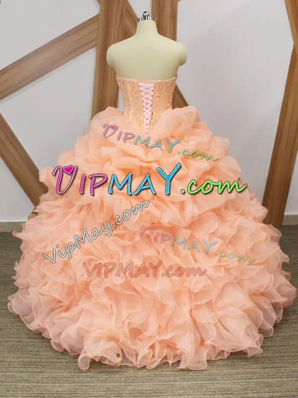 Cheap Ball Gowns Sleeveless Peach Ball Gown Prom Dress Sweep Train Lace Up