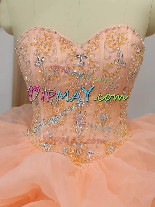 Cheap Ball Gowns Sleeveless Peach Ball Gown Prom Dress Sweep Train Lace Up