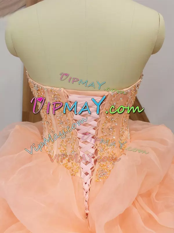 Cheap Ball Gowns Sleeveless Peach Ball Gown Prom Dress Sweep Train Lace Up