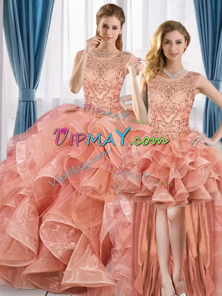 Glittering Peach Ball Gowns Scoop Sleeveless Organza Floor Length Lace Up Beading and Ruffles 15 Quinceanera Dress