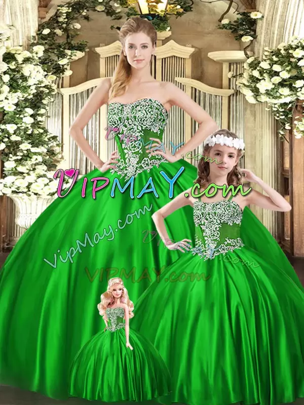 Green Lace Up Quinceanera Gown Beading Sleeveless Floor Length