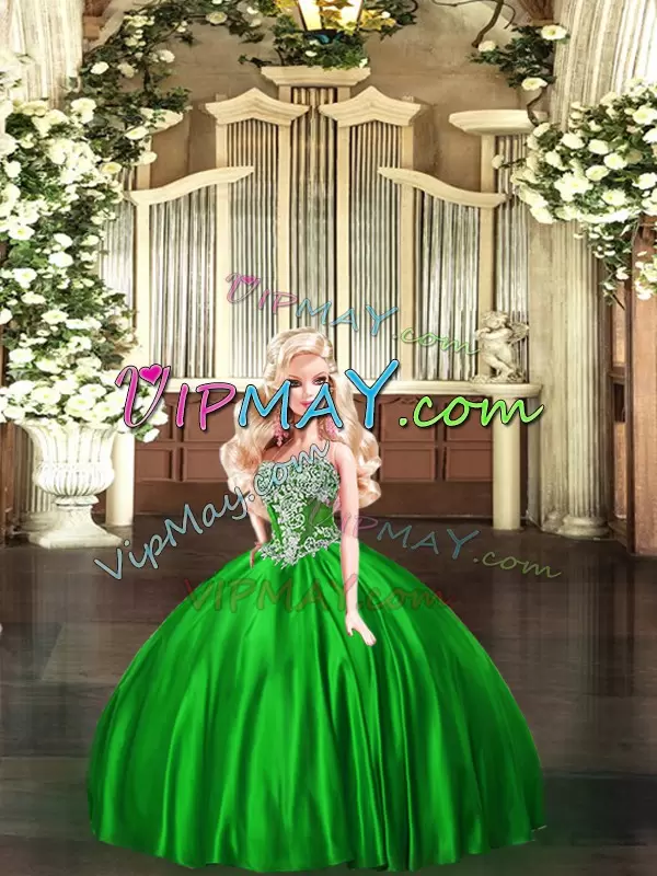 Green Lace Up Quinceanera Gown Beading Sleeveless Floor Length