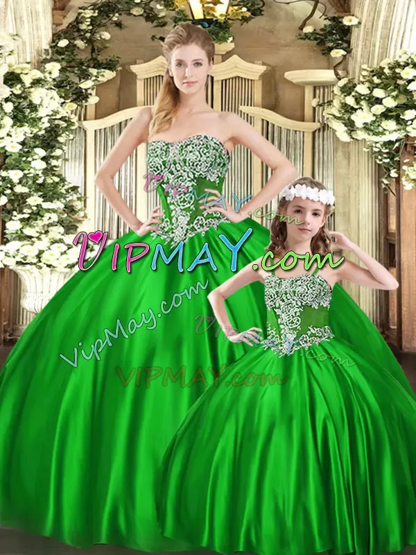 Green Lace Up Quinceanera Gown Beading Sleeveless Floor Length