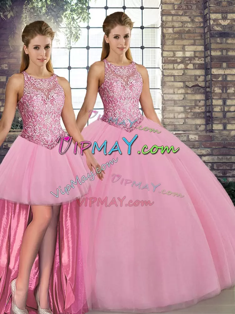 Sleeveless Floor Length Embroidery Lace Up Quinceanera Gowns with Pink