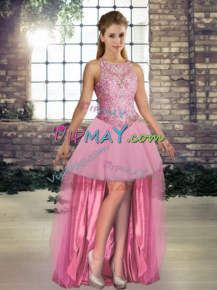 Sleeveless Floor Length Embroidery Lace Up Quinceanera Gowns with Pink