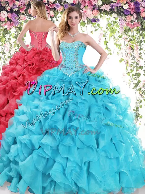 High Class Organza Sweetheart Sleeveless Sweep Train Lace Up Beading and Ruffles Sweet 16 Quinceanera Dress in Baby Blue