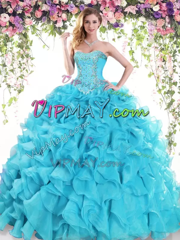 High Class Organza Sweetheart Sleeveless Sweep Train Lace Up Beading and Ruffles Sweet 16 Quinceanera Dress in Baby Blue