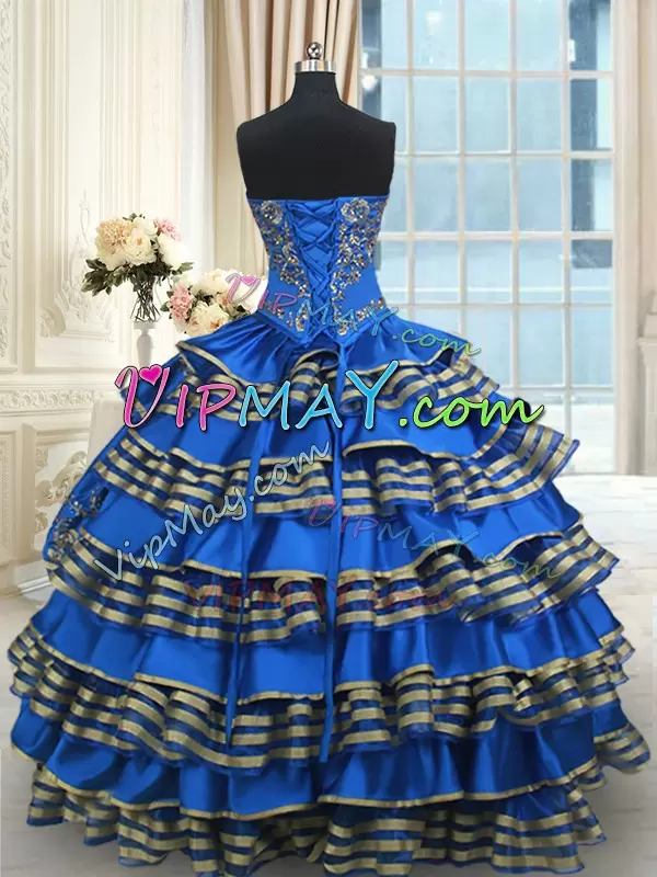 Classical Blue Sweetheart Neckline Beading and Embroidery and Ruffled Layers Sweet 16 Dresses Sleeveless Lace Up
