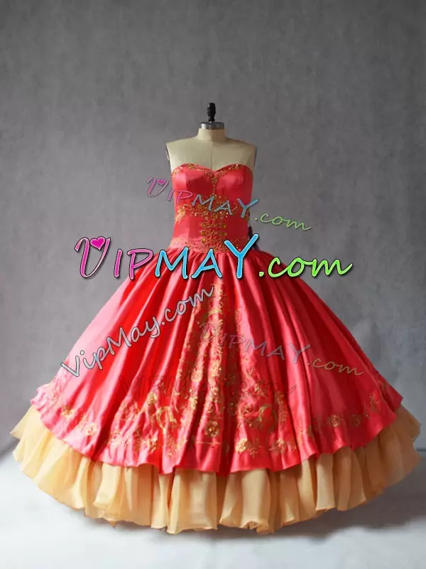 Fashion Coral Red Lace Up Sweetheart Embroidery Quinceanera Dresses Satin and Organza Sleeveless