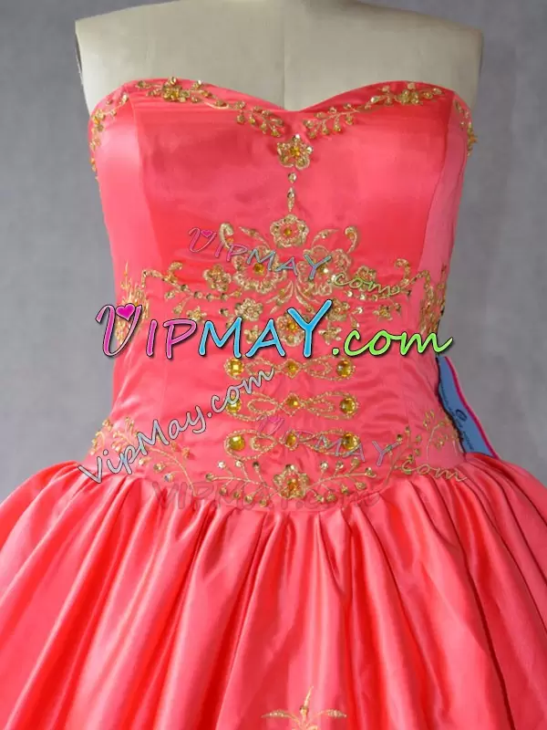 Fashion Coral Red Lace Up Sweetheart Embroidery Quinceanera Dresses Satin and Organza Sleeveless