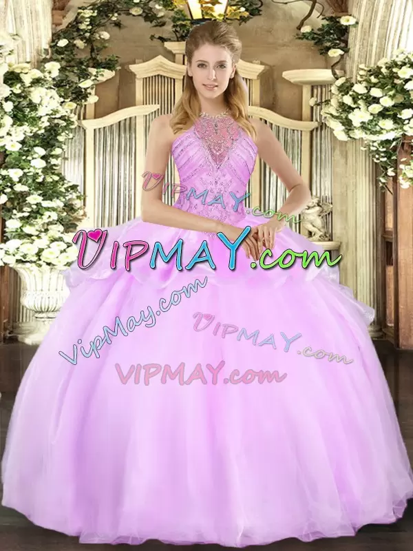 Suitable Floor Length Lilac 15th Birthday Dress Organza Sleeveless Beading