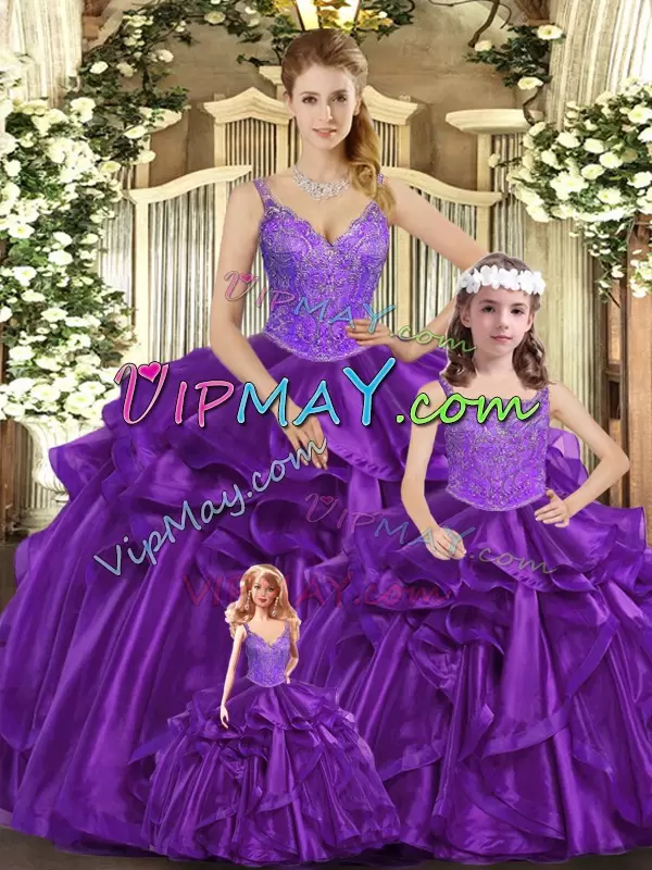 Sleeveless Floor Length Beading and Ruffles Lace Up Sweet 16 Quinceanera Dress with Purple