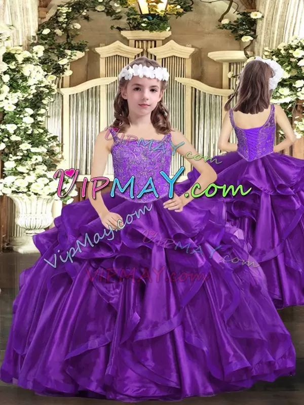 Sleeveless Floor Length Beading and Ruffles Lace Up Sweet 16 Quinceanera Dress with Purple