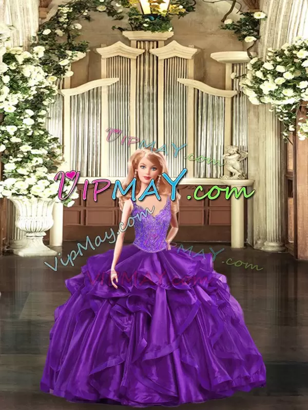 Sleeveless Floor Length Beading and Ruffles Lace Up Sweet 16 Quinceanera Dress with Purple