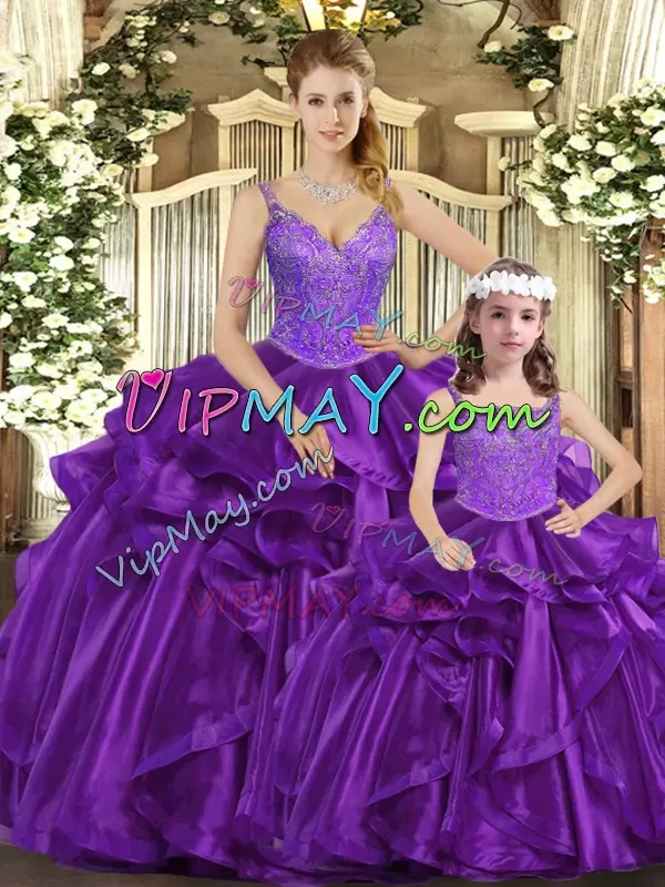 Sleeveless Floor Length Beading and Ruffles Lace Up Sweet 16 Quinceanera Dress with Purple