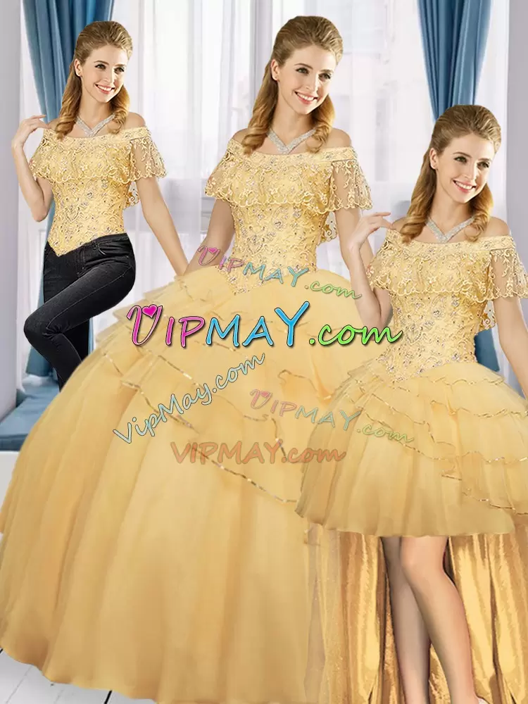 Gold Quinceanera Dresses Quinceanera with Beading and Ruffled Layers Off The Shoulder Sleeveless Lace Up