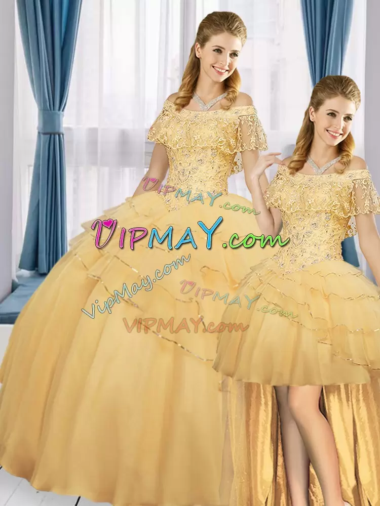 Gold Quinceanera Dresses Quinceanera with Beading and Ruffled Layers Off The Shoulder Sleeveless Lace Up