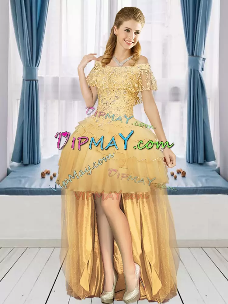 Gold Quinceanera Dresses Quinceanera with Beading and Ruffled Layers Off The Shoulder Sleeveless Lace Up