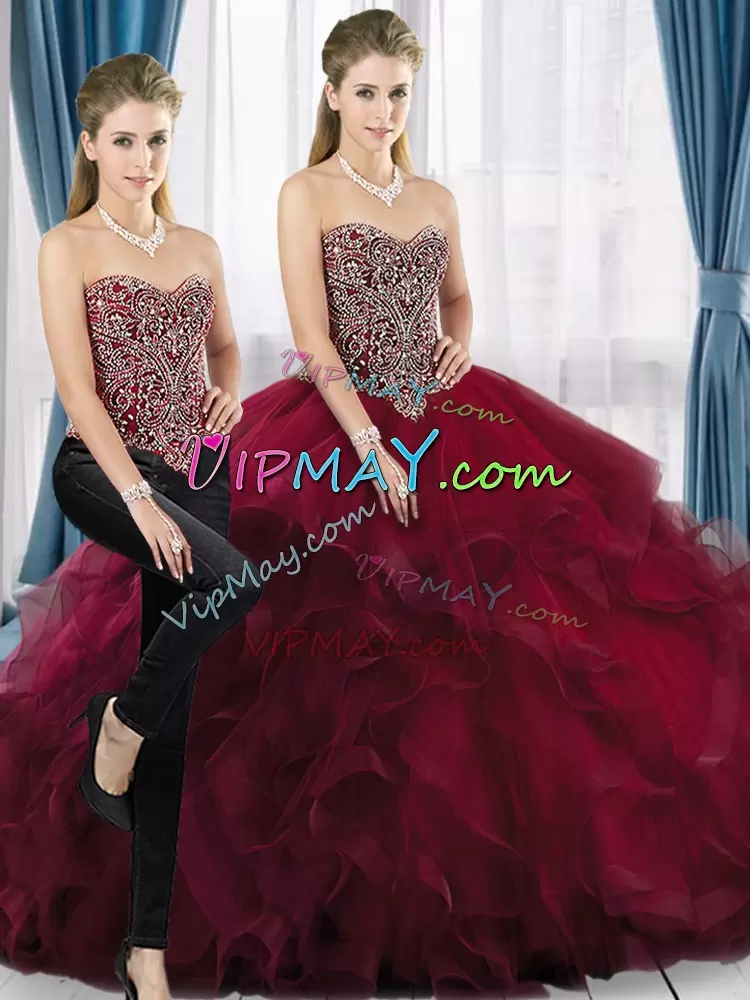 Sweetheart Sleeveless Brush Train Lace Up Quinceanera Gowns Burgundy Tulle Beading and Ruffles