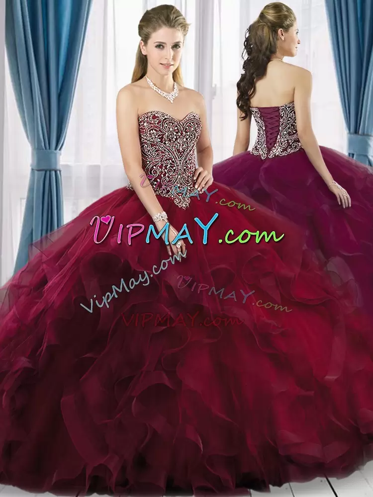 Sweetheart Sleeveless Brush Train Lace Up Quinceanera Gowns Burgundy Tulle Beading and Ruffles