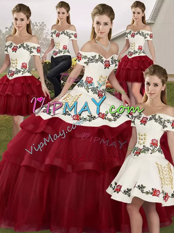 Wine Red Quince Ball Gowns Tulle Brush Train Sleeveless Embroidery and Ruffled Layers