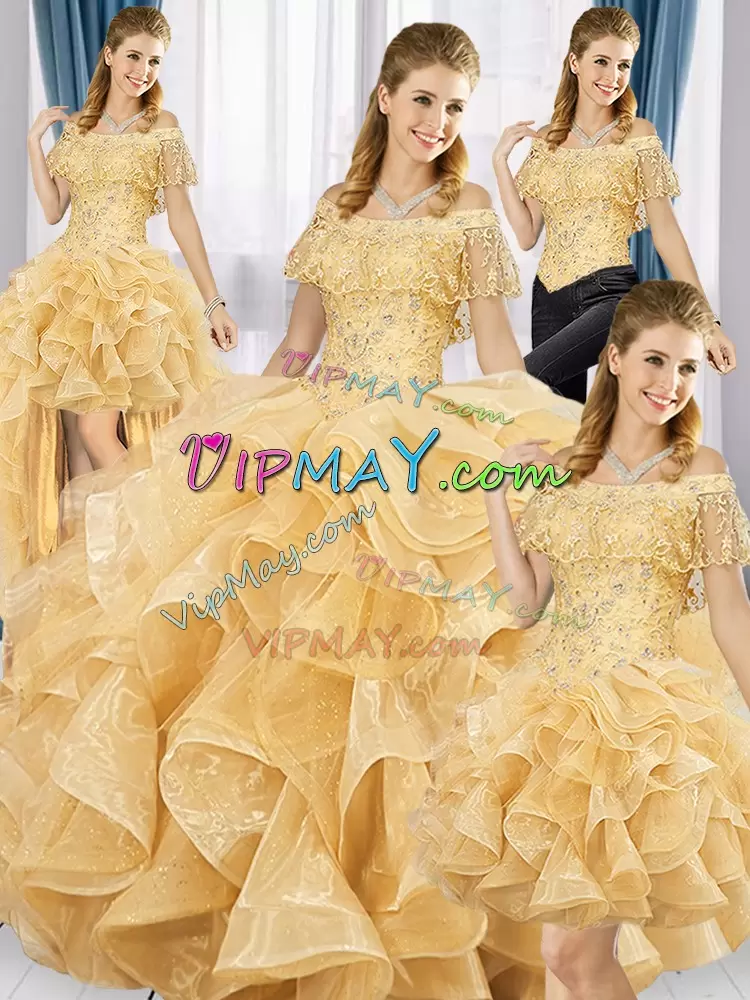 Gold Organza Lace Up Off The Shoulder Sleeveless Floor Length 15 Quinceanera Dress Beading and Ruffles