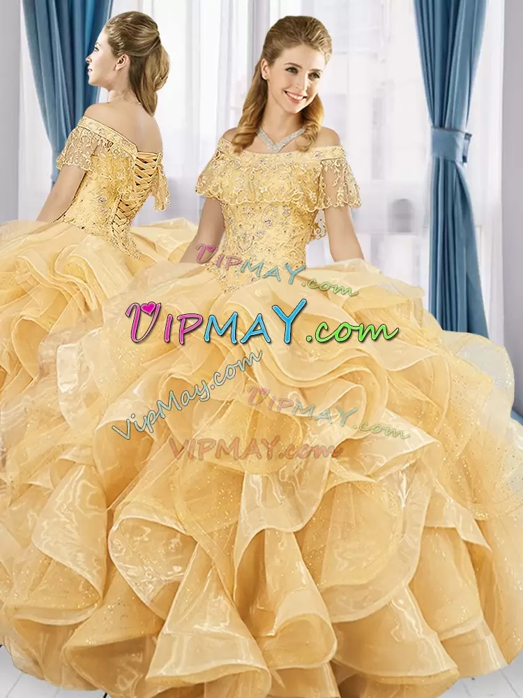 Gold Organza Lace Up Off The Shoulder Sleeveless Floor Length 15 Quinceanera Dress Beading and Ruffles