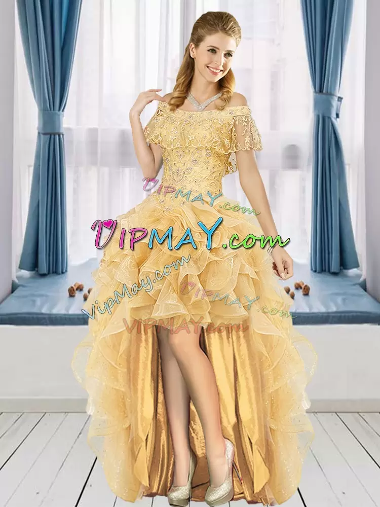 Gold Organza Lace Up Off The Shoulder Sleeveless Floor Length 15 Quinceanera Dress Beading and Ruffles