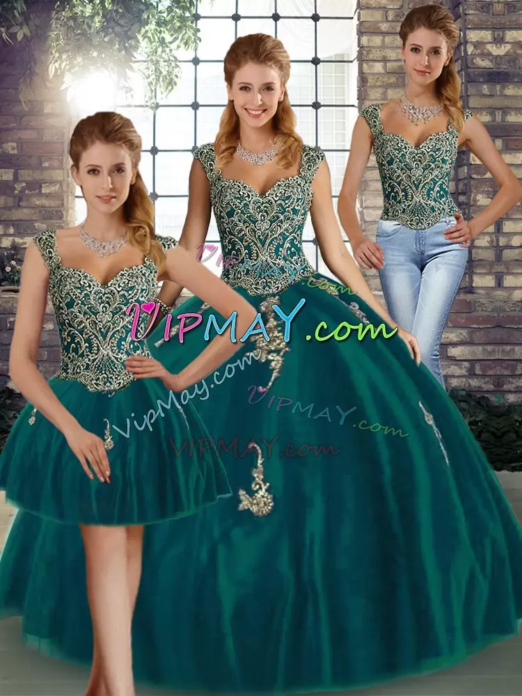 Pretty Floor Length Peacock Green Sweet 16 Quinceanera Dress Tulle Sleeveless Beading and Appliques