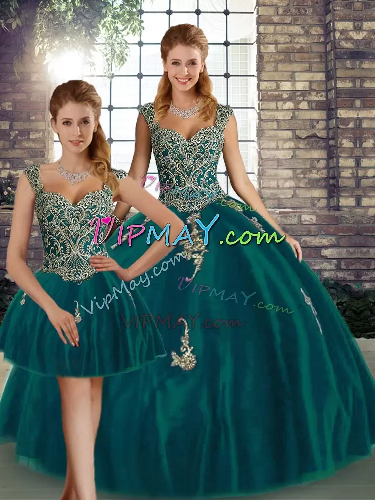 Pretty Floor Length Peacock Green Sweet 16 Quinceanera Dress Tulle Sleeveless Beading and Appliques